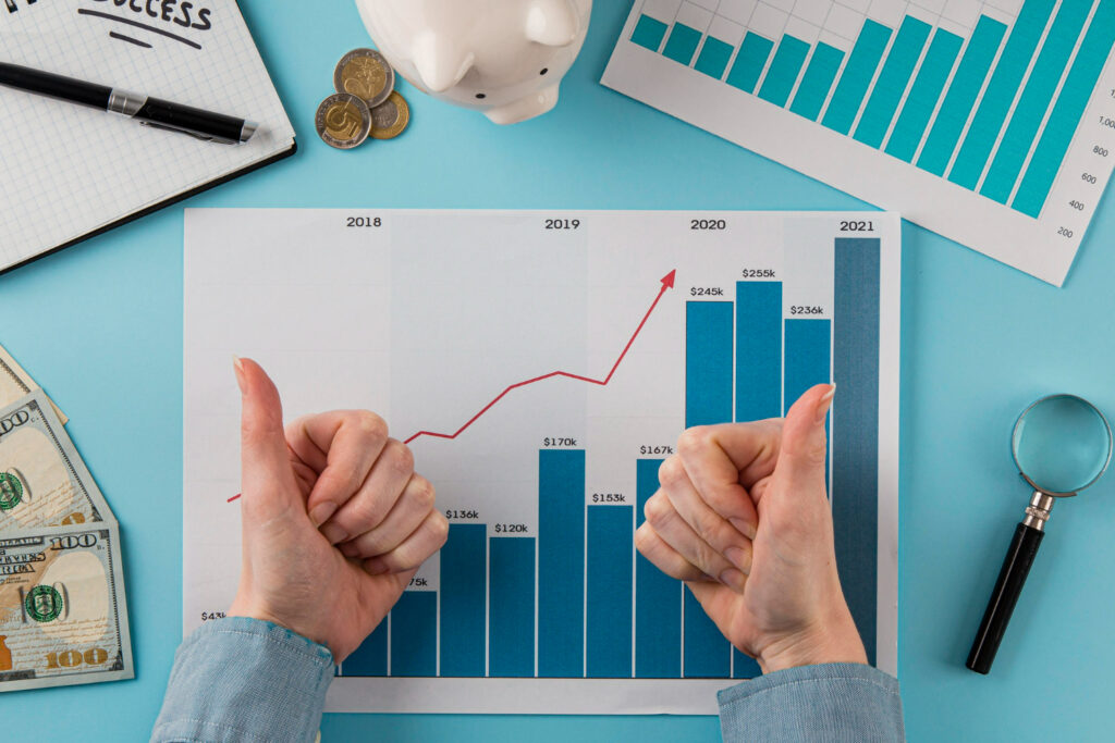 imagem ilustrativa sobre indicadores de desempenho financeiro mostrando um gráfico com o crescimento da empresa avaliada. Há algumas cédulas e moedas ao redor do gráfico e, sobre ele, as mãos do contador fazendo sinal de positivo.