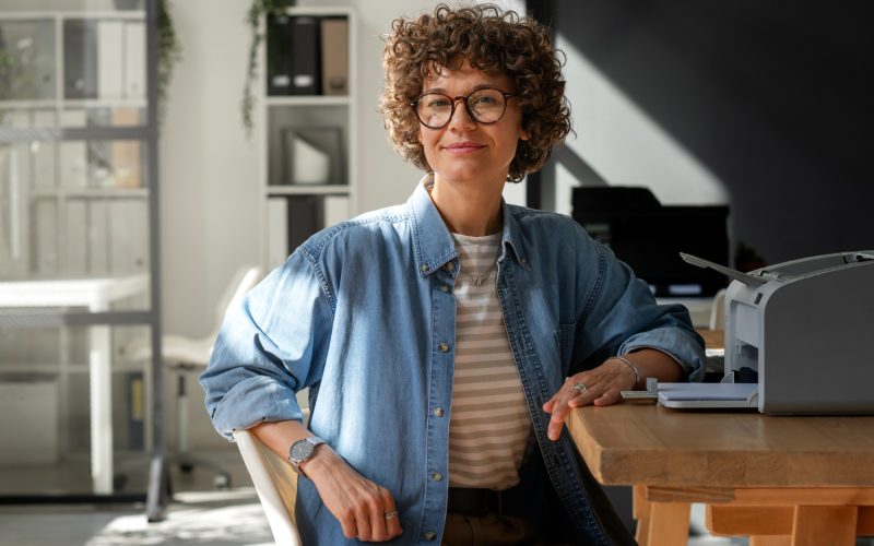 Empreendedora sorrindo em seu escritório após entender as atividades permitidas no Simples Nacional.